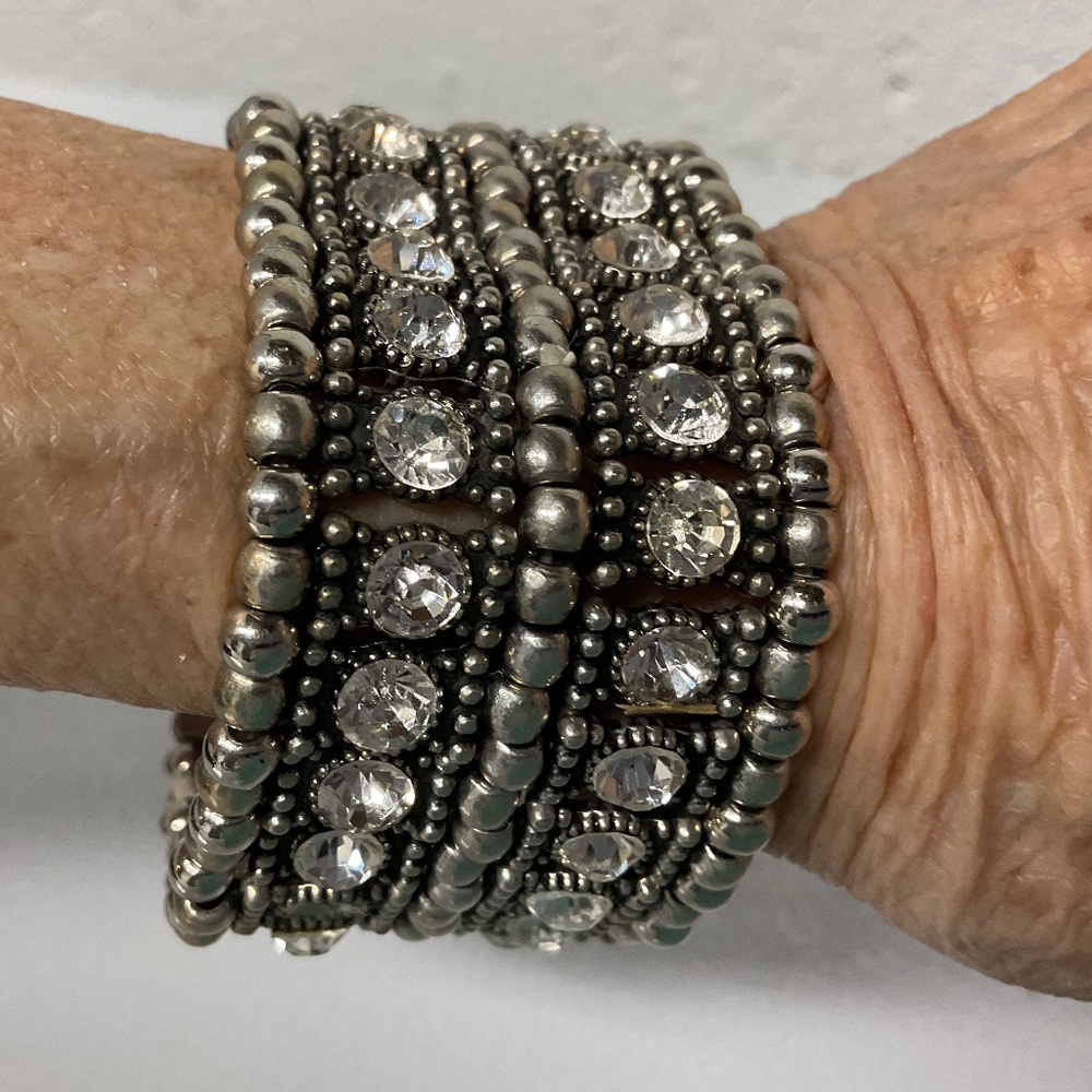 Silver Tone Wide Cuff Stretch Bracelet Clear Rhinestones Statement Jewelry
